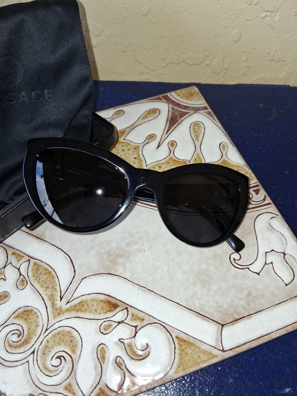 Versace Glossy Black Cat-Eye Sunglasses with Dark Lenses
